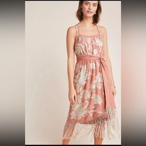 Anthropologie Lucille Embroidered Fringe Midi Dress Pink Coral Size 6